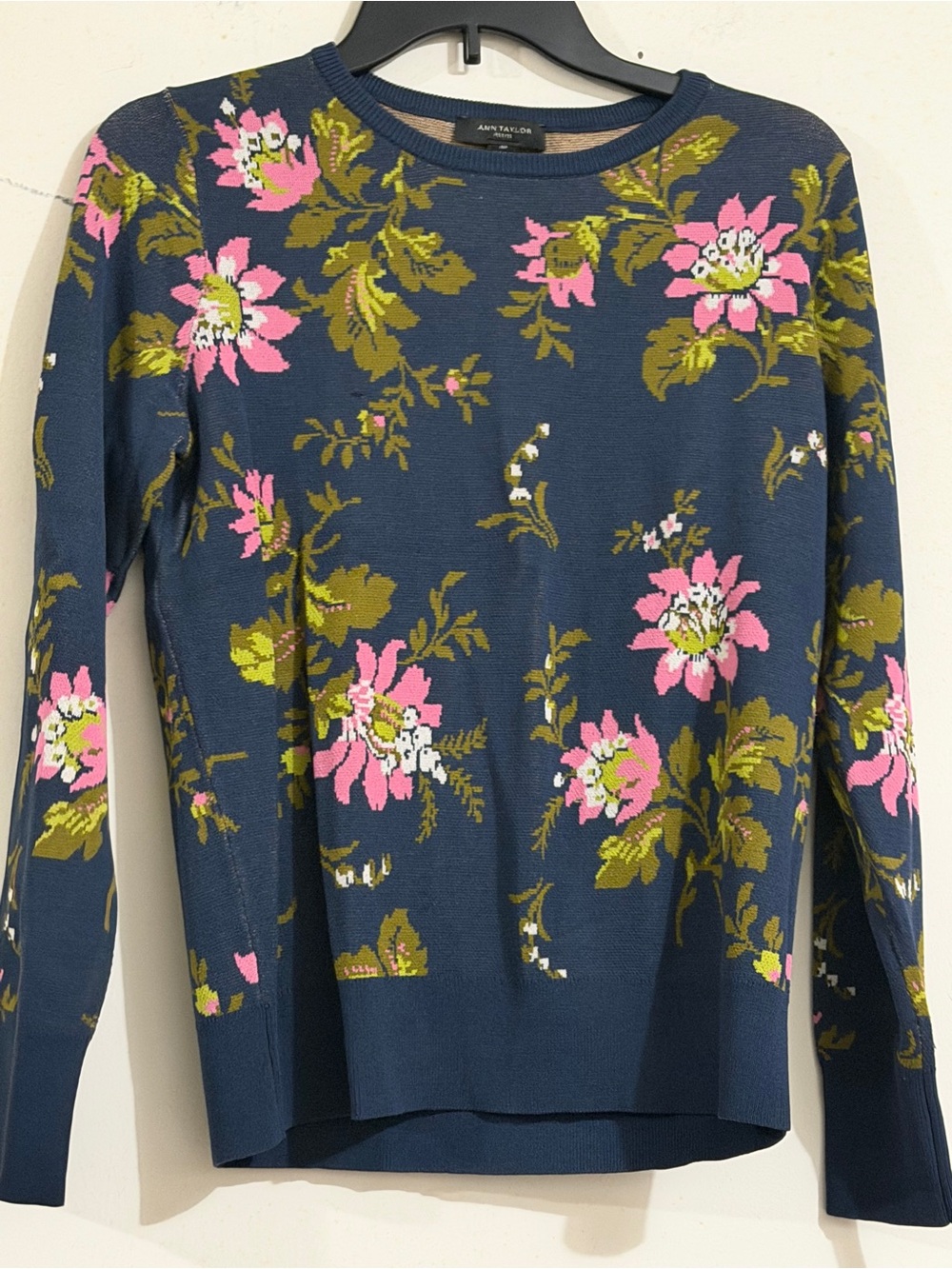Ann Taylor Navy Floral Scoopneck Sweater with Pink Blooms